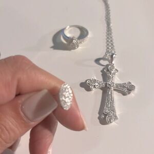Crystal Cross Necklace Matching Earrings & Ring Set